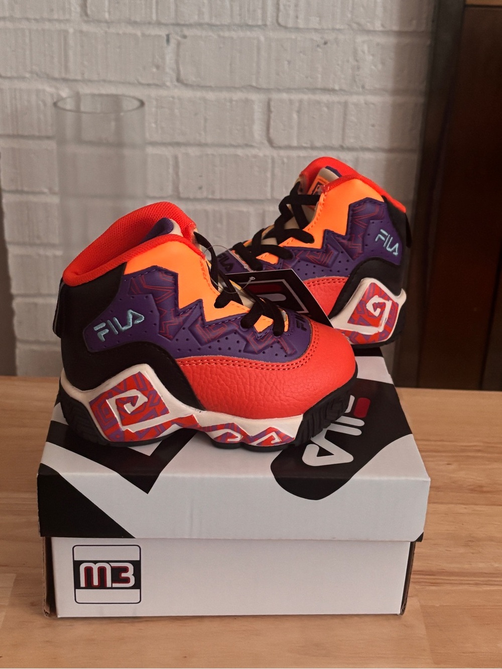 Fila Kids High-Top Sneakers in Neon Orange, Purple & Black